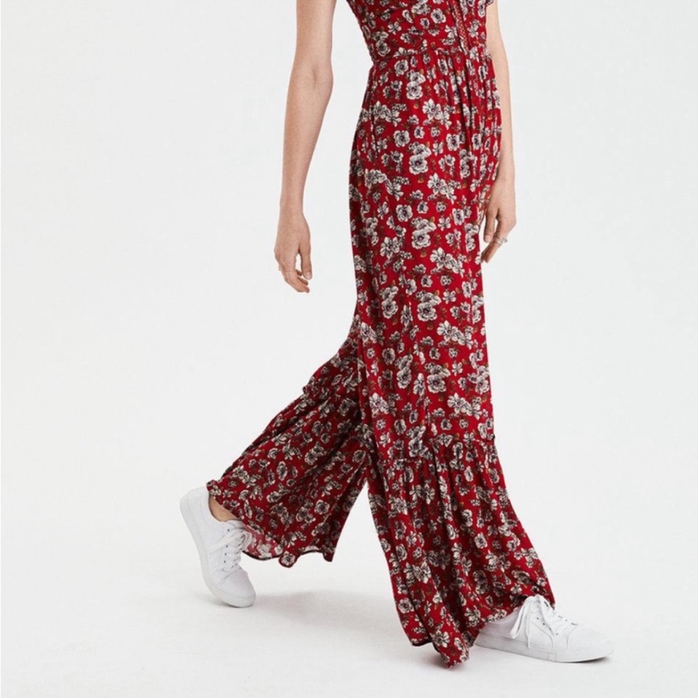 American Eagle red floral jump suit